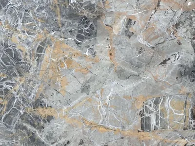 Tempest Grey natural stone slab — storm grey with copper and white