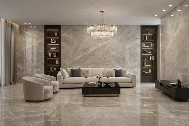 Large room with beige marble wall cladding and flooring