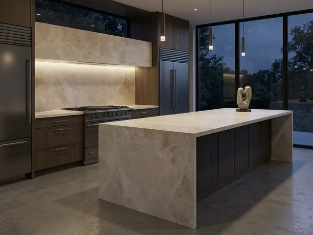 Kitchen island with a thick natural stone countertop