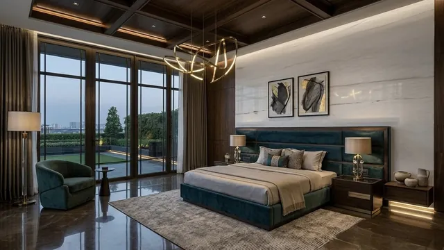 Bedroom with a white marble wall and polished floor