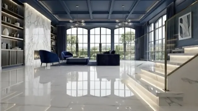 Double-height hall with a white marble floor and staircase