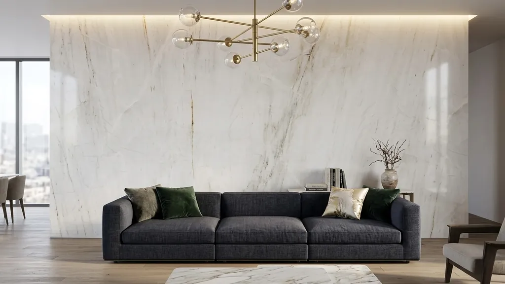 Living room with a white marble feature wall and polished marble floor