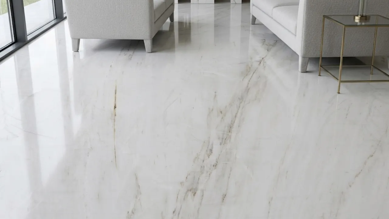 Close-up of polished white marble flooring with fine veins